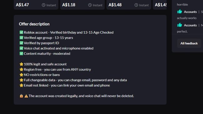 Listings for age-verified accounts for sale advertise that voice chat has been activated and microphone use enabled.