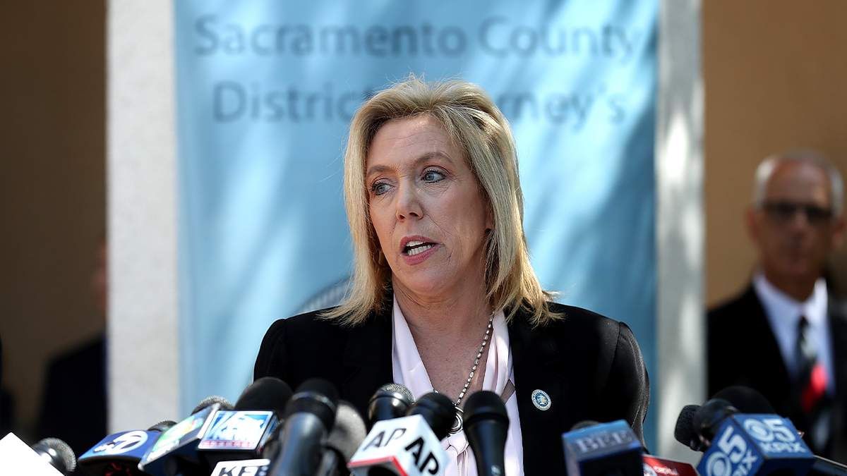 Former Sacramento DA Anne Marie Schubert speaking at press conference.