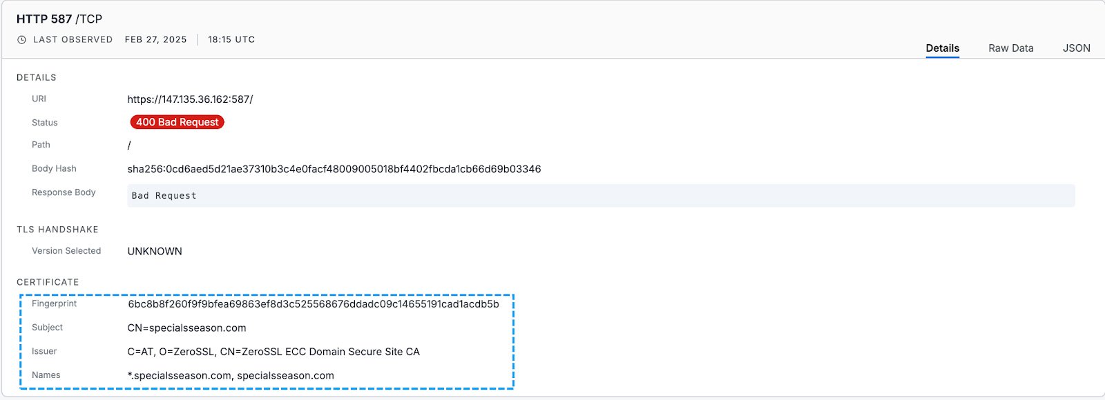 Figure 6: Image showing certificate information for a malicious domain