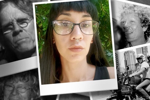 A woman's face with montage of old photos behind her