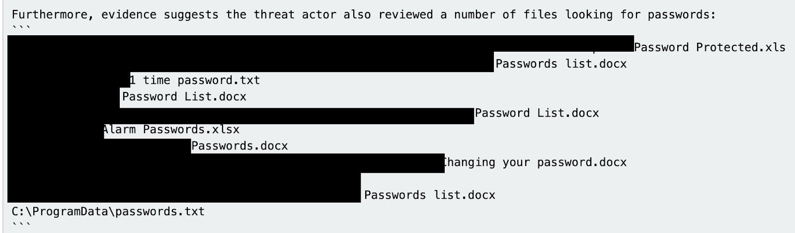 Figure 4: Forensic evidence of threat actor looking through “password” themed files