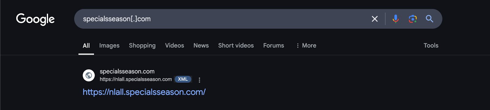 Figure 8: Image showing google search for specialsseason domain with an additional domain displayed