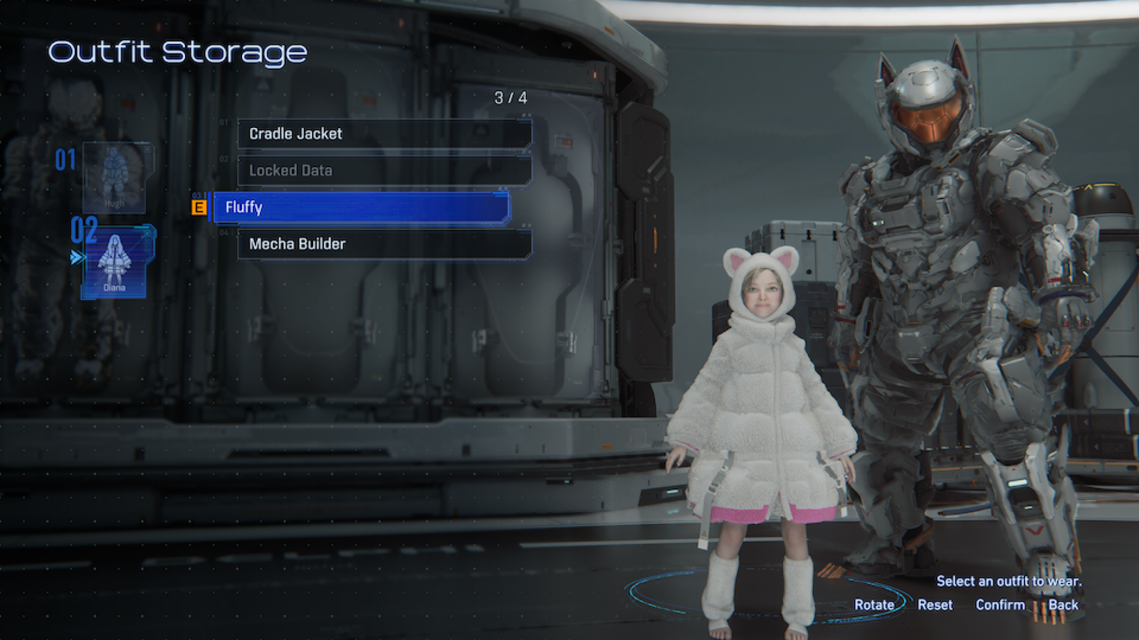 Hugh and Diana trying on goofy outfits in Pragmata