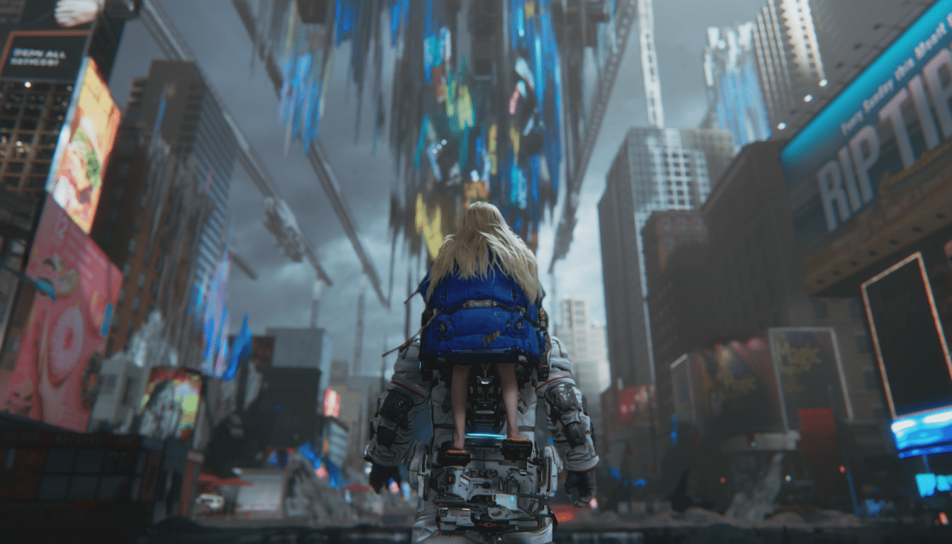 A person in a blue jacket riding on the back of an astronaut in a futuristic city with tall buildings and digital billboards.