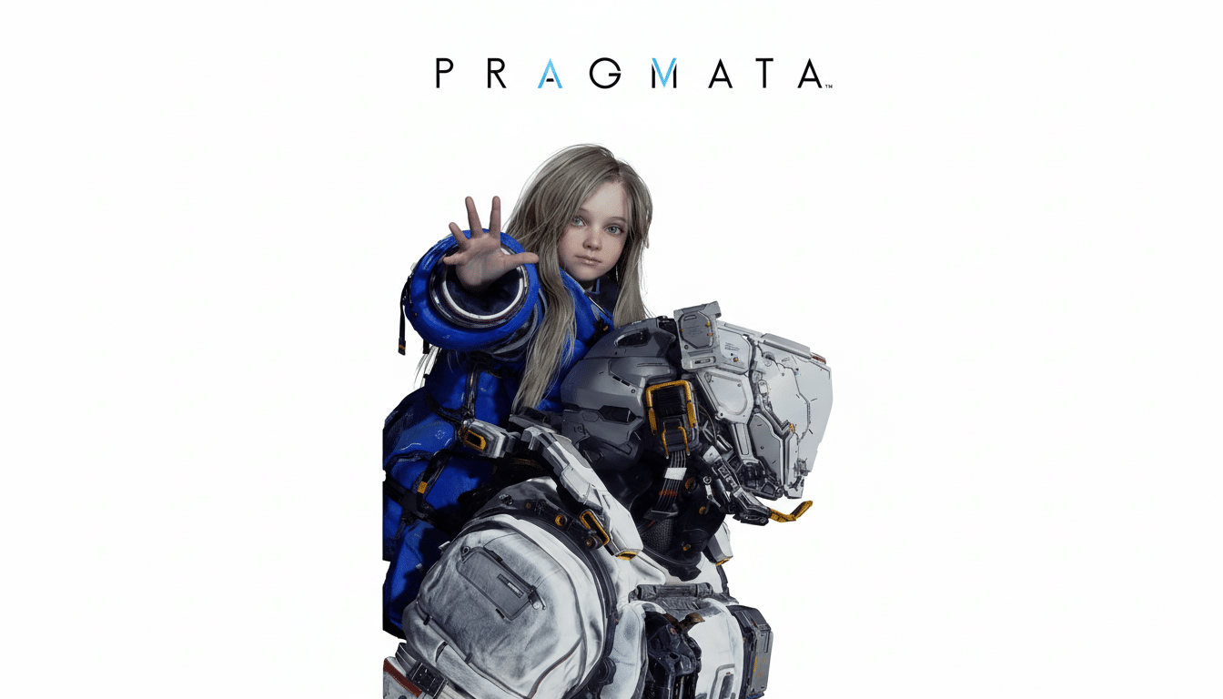A young girl with long blonde hair in a blue suit, reaching out with one hand, stands next to a large white and grey robotic figure. The PRAGMATA logo is at the top of the image.