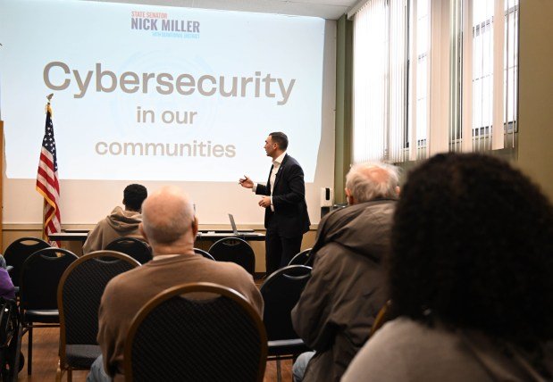 State Sen. Nick Miller, D-Lehigh, discuses cybersecurity threats Thursday, March 19, 2026, at Lehigh Valley Active Life in Allentown. He focused on cybersecurity threats affecting the Lehigh Valley, particularly seniors, and discussed a $250,000 grant to help Lehigh and Northampton counties enhance their cybersecurity infrastructure through a partnership with Concurrent Technologies Corp. (Amy Shortell/The Morning Call)