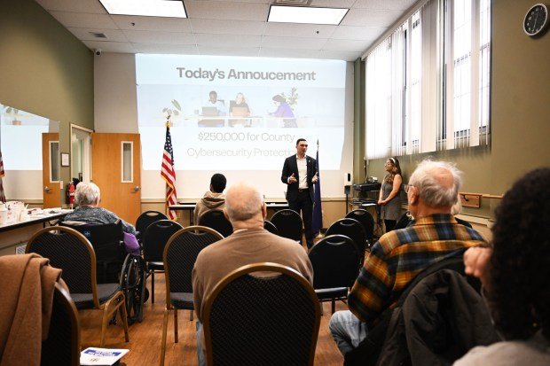 State Sen. Nick Miller, D-Lehigh, discuses cybersecurity threats Thursday, March 19, 2026, at Lehigh Valley Active Life in Allentown. He focused on cybersecurity threats affecting the Lehigh Valley, particularly seniors, and discussed a $250,000 grant to help Lehigh and Northampton counties enhance their cybersecurity infrastructure through a partnership with Concurrent Technologies Corp. (Amy Shortell/The Morning Call)
