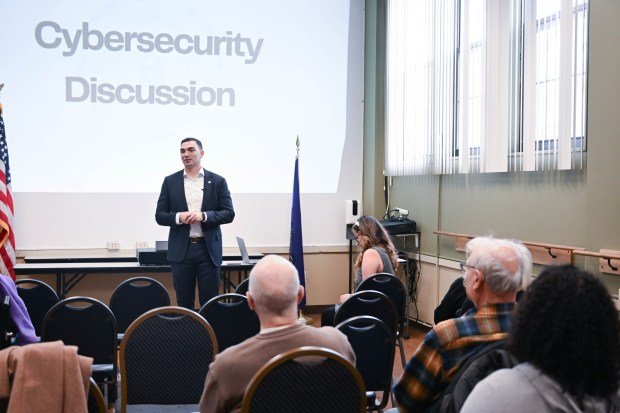 State Sen. Nick Miller, D-Lehigh, discuses cybersecurity threats Thursday, March 19, 2026, at Lehigh Valley Active Life in Allentown. He focused on cybersecurity threats affecting the Lehigh Valley, particularly seniors, and discussed a $250,000 grant to help Lehigh and Northampton counties enhance their cybersecurity infrastructure through a partnership with Concurrent Technologies Corp. (Amy Shortell/The Morning Call)