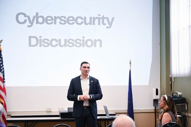 State Sen. Nick Miller, D-Lehigh, discuses cybersecurity threats Thursday, March 19, 2026, at Lehigh Valley Active Life in Allentown. He focused on cybersecurity threats affecting the Lehigh Valley, particularly seniors, and discussed a $250,000 grant to help Lehigh and Northampton counties enhance their cybersecurity infrastructure through a partnership with Concurrent Technologies Corp. (Amy Shortell/The Morning Call)