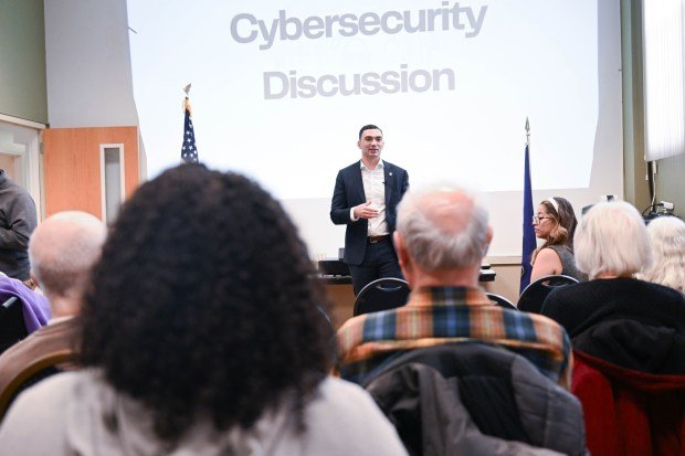 State Sen. Nick Miller, D-Lehigh, discuses cybersecurity threats Thursday, March 19, 2026, at Lehigh Valley Active Life in Allentown. He focused on cybersecurity threats affecting the Lehigh Valley, particularly seniors, and discussed a $250,000 grant to help Lehigh and Northampton counties enhance their cybersecurity infrastructure through a partnership with Concurrent Technologies Corp. (Amy Shortell/The Morning Call)
