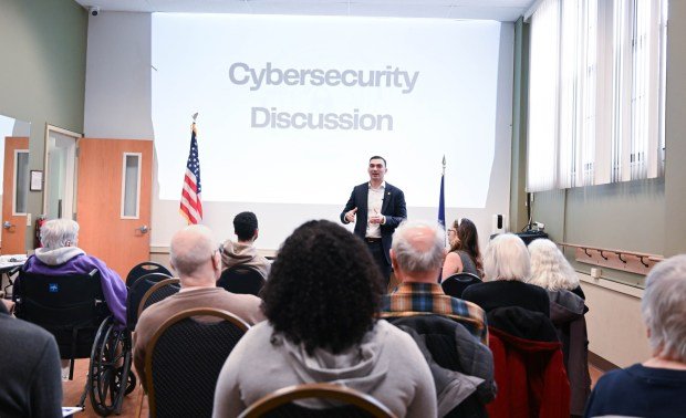State Sen. Nick Miller, D-Lehigh, discuses cybersecurity threats Thursday, March 19, 2026, at Lehigh Valley Active Life in Allentown. He focused on cybersecurity threats affecting the Lehigh Valley, particularly seniors, and discussed a $250,000 grant to help Lehigh and Northampton counties enhance their cybersecurity infrastructure through a partnership with Concurrent Technologies Corp. (Amy Shortell/The Morning Call)