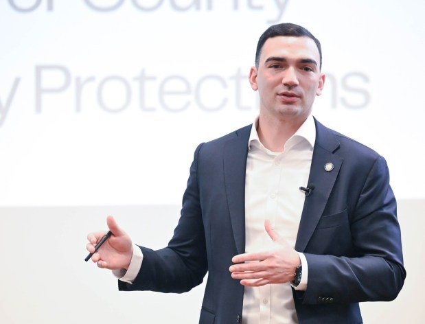 State Sen. Nick Miller, D-Lehigh, discuses cybersecurity threats Thursday, March 19, 2026, at Lehigh Valley Active Life in Allentown. He focused on cybersecurity threats affecting the Lehigh Valley, particularly seniors, and discussed a $250,000 grant to help Lehigh and Northampton counties enhance their cybersecurity infrastructure through a partnership with Concurrent Technologies Corp. (Amy Shortell/The Morning Call)