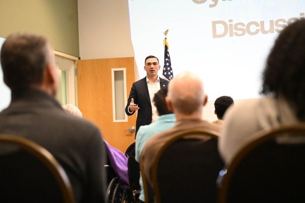 State Sen. Nick Miller, D-Lehigh, discuses cybersecurity threats Thursday, March 19, 2026, at Lehigh Valley Active Life in Allentown. He focused on cybersecurity threats affecting the Lehigh Valley, particularly seniors, and discussed a $250,000 grant to help Lehigh and Northampton counties enhance their cybersecurity infrastructure through a partnership with Concurrent Technologies Corp. (Amy Shortell/The Morning Call)