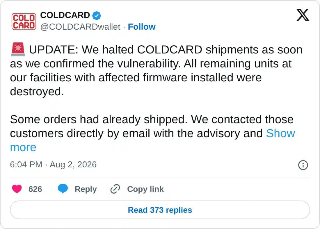 Bitcoin weakens amid Coldcard hack – ALGO, ENA sustain gains | #hacking | #cybersecurity | #infosec | #comptia | #pentest | #hacker - National Cyber Security Consulting